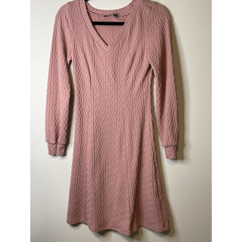 DOKOTOO Sweater Dress Women's S Pink Cable Knit V-Neck Long Sleeve Stretch